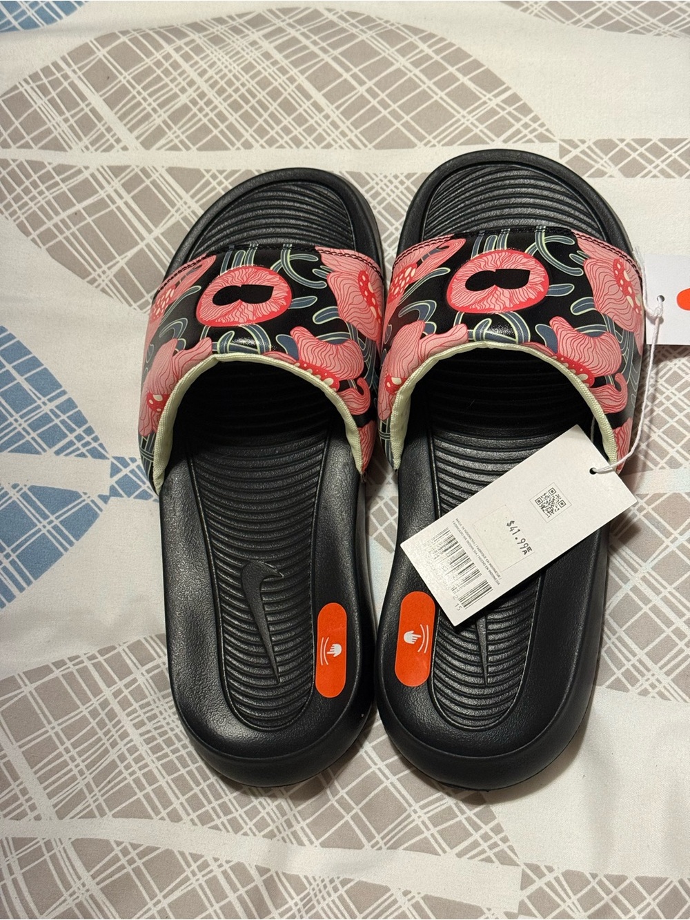 Nike Black Slide Sandals with Pink Floral Strap Design